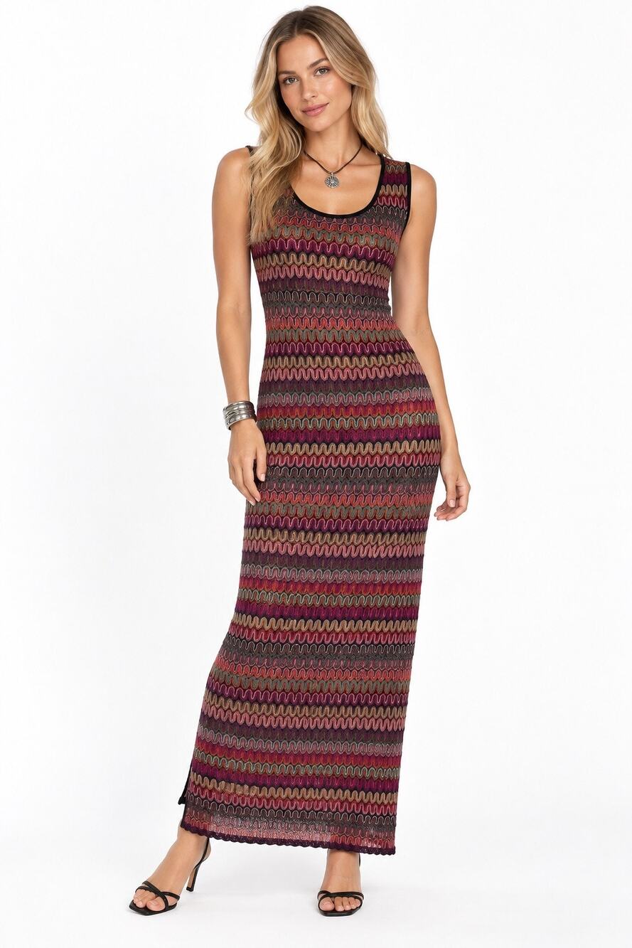 Vintage Y2K Cocomo Multicolored ‘70s-Inspired Knit Sleeveless Bodycon Maxi Dress